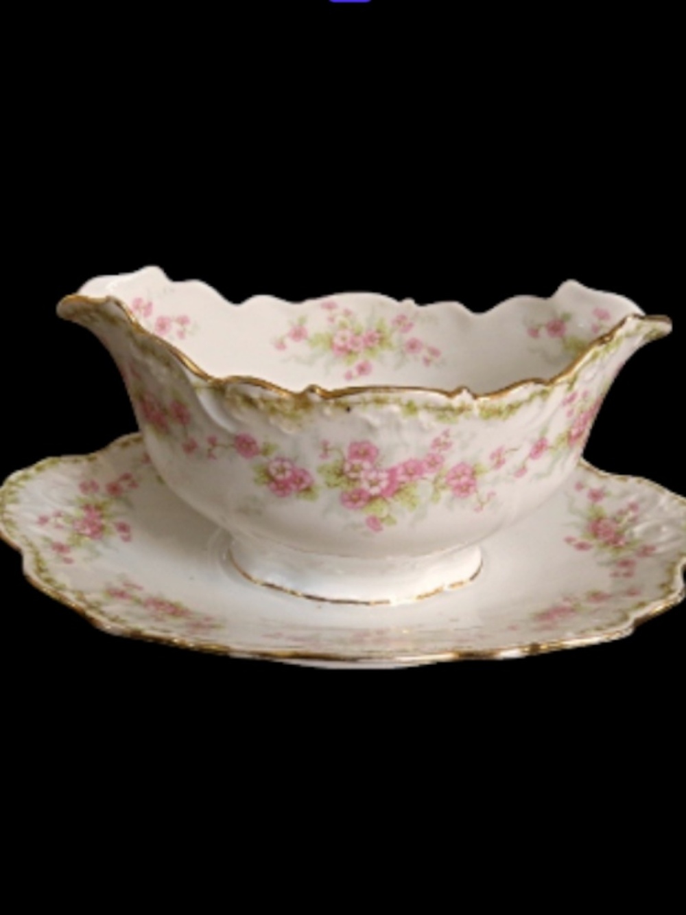 Vintage Limoges Elite Works Gravy Boat Attached Underplate, Pink Roses